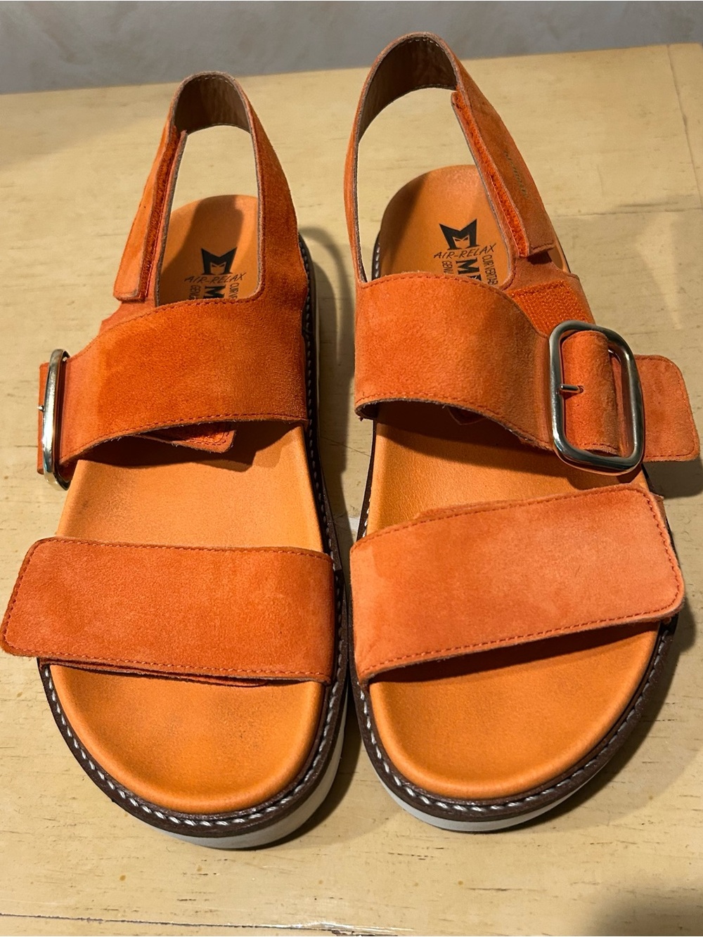 Mephisto women’s burnt orange platform suede sandal in size 8.5